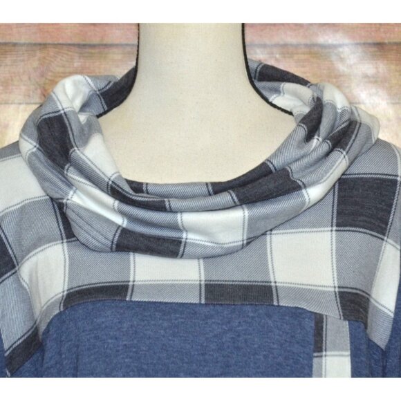 Womens Blue Plaid Long Sleeve Cowl Neck Tunic Shirt Top Size XXL Career Stretch - Picture 3 of 9